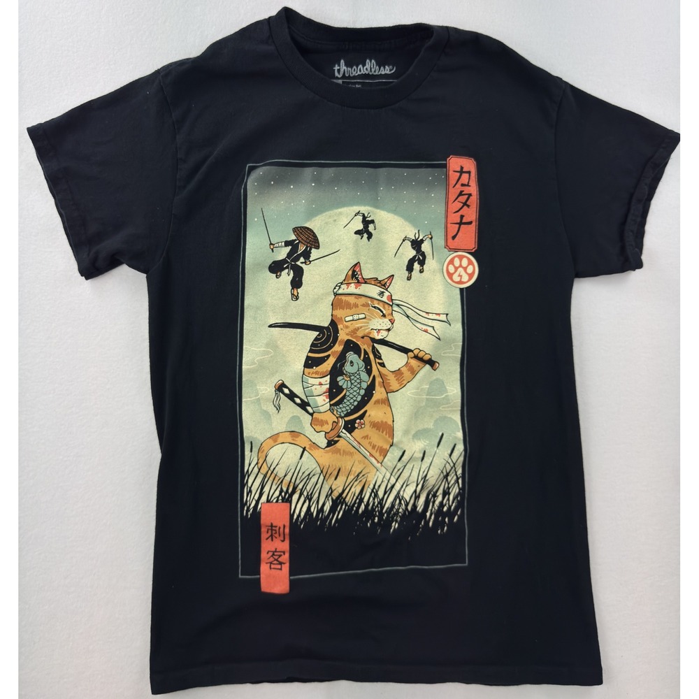 Threadless Samurai Cat T-Shirt Mens Small Black Vincent Trinidad Graphic Tee